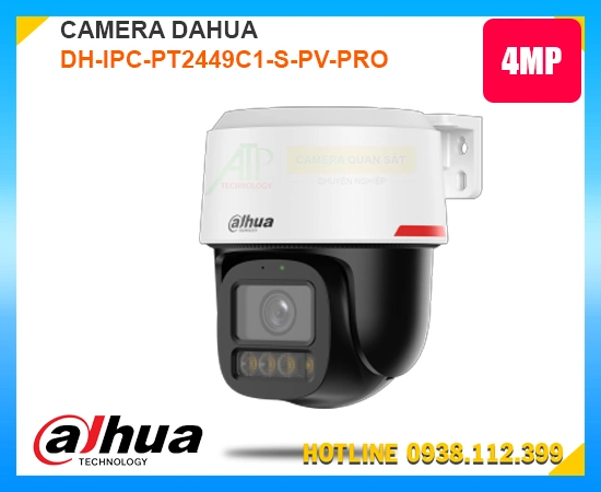 DH-IPC-PT2449C1-S-PV-PRO là mẫu camera PT 360° nổi bật với độ phân giải 4MP, góc quay rộng Pan 345° và Tilt 90°, ống kính 3.6mm, kết hợp đèn chiếu sáng 30m. Hỗ trợ nén Smart H.265+, thẻ nhớ tối đa 512GB, đạt chuẩn IP66 chống bụi nước.