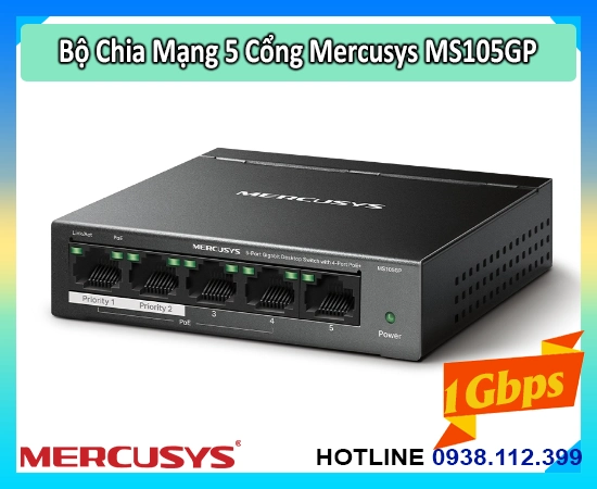 Switch 5 cổng PoE Mercusys MS105GP, Switch Mercusys MS105GP giá rẻ, Bộ chia mạng PoE 5 cổng Mercusys MS105GP, Switch PoE Gigabit Mercusys MS105GP, Bộ chia mạng Mercusys MS105GP 5 cổng, Switch PoE Mercusys MS105GP cho camera, Hub mạng PoE Mercusys MS105GP